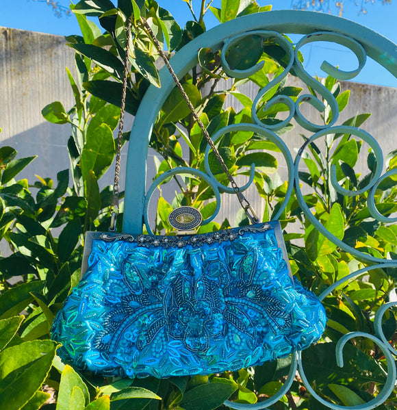 Vintage Enjoy The Elegance Metal Blue Beaded Hand Bag Purse Handbag