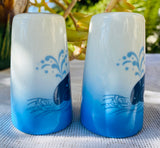 Vintage Spurting Whale Ocean Blue White Ceramic Painted Salt & Pepper Shaker Set