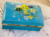 Vintage Blue Cloisonne Enamel Brass Multi Color Floral Vase Trinket Box