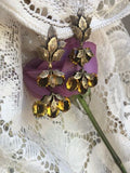 Rare Joseff of Hollywood Signed Gold Leaf +Citrine/Amber Dangle Clip On Earrings