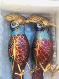 Asian Brass Enamel Multi Color Cloisonne Bird Set of 4 Birds w Box & Stands