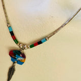 Sterling SIlver Bead Vintage Silver Colorful Bear Feather Southwest Necklace