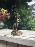 Antique Brass Metal Indian Hindu Krishna God Playing Flute With Cow Figurine