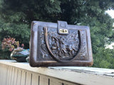 Vintage Handmade High Relief Tooled Leather Brown Purse Bag Mexico Matador Bull