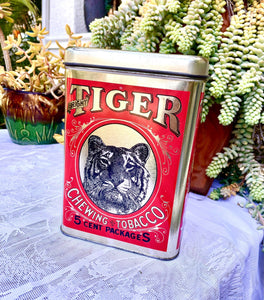 Vintage Bright Tiger Chewing Tobacco 5 Cent Cheinco Ad Metal Container Tin