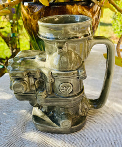 Vintage Artist Signed VK Tardel Moss Green Ceramic Train Engine Drinking Mug Cup