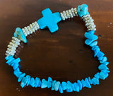Faux Turquoise and Silver Beaded Religious Cross Fashion Bracelet