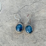 Sterling Silver 925 Blue Fluorite Gem Stone Bali Oval Dangle Drop Earrings 5.5g