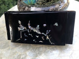 Vintage Nos Asian Abalone Shell Inlaid Black Laquer Wooden Tobacco Ashtray Box