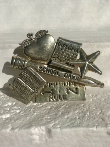 Vintage Signed MJ School Days Education Diploma Silver Tone Pendant Pin