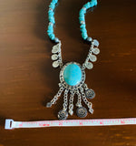 Beaded Faux Turquoise Large Pendant Silver Tone Dangle Charm Fashion Necklace