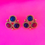 Vintage 3 Stone Pink Blue Purple Stone Colorful Earrings and Brooch Pin Set