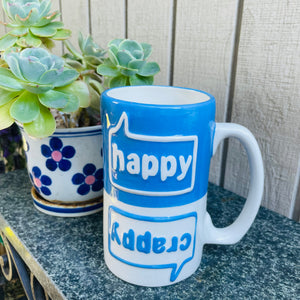 Ceramic Blue White Happy or Crappy Glass Have Full Reversible Mug Novelty Cup