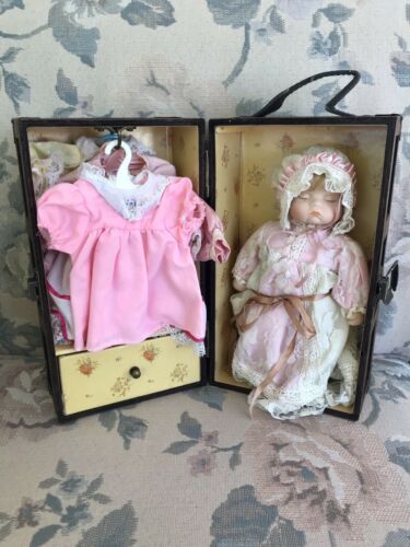 Vintage Baby Girl Doll In Custom Wood Wardrobe Trunk Box With 5 Dresses