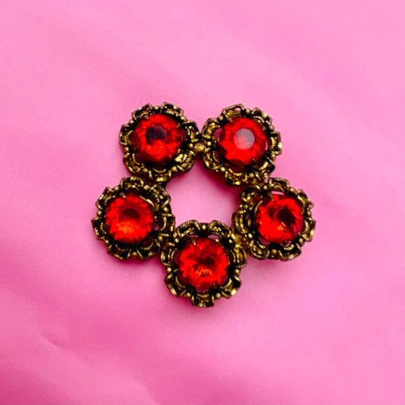 Vintage Ornate Gold Tone Red Rhinestone 5 Stone Floral Brooch Pin