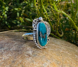 Sterling Silver 925 Oval Turquoise Stone Feather Scroll Ring 5.16g Size 6.5