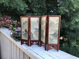 Antique Japanese Four Panel Signed Hand Painted Wood Carved Folding Screen