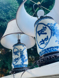 Vintage Chinese Blue White Ceramic Concave Floral Wood Carved Lamps Light Set