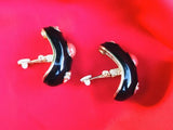 Signed Scaasi Vintage Black Enamel Gold Tone Rhinestone Clip On Earrings