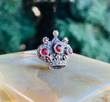 Sterling Silver Signed 925 Marcasite & Red Gem Stone Royal Crown Ring Size 10