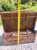 Antique Asian Brown Wood Carving Altar Table Cabinet With Drawers & Storage Rare
