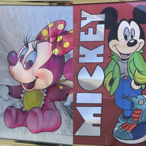 Vintage Disney Metallic Foil Prints Mickey Mouse & Baby Minnie Lot Of 2 Pictures