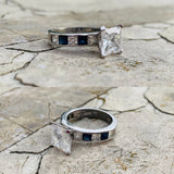 Princess Cut Blue Sapphire Sterling Silver RP 925 Band Ring Set 9.5g Size 5.5-6