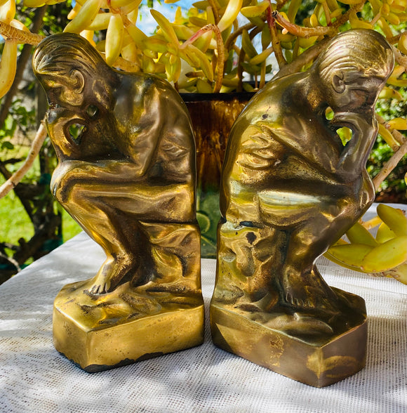 Vintage Brass Sitting Thinking Men Thinker Man Bookends Set Pair of Book Ends
