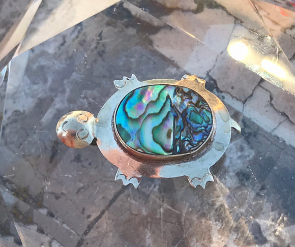 Vintage Sterling Silver Mexico 925 Abalone Shell Turtle Pendant