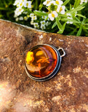 Antique Sterling Silver 925 Genuine Amber Round Circular Charm Pendant