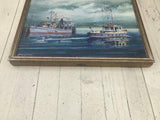 Rare Original Oil Painting signed By Polish Artist Yanush Stanislaw Godlewski Boats Ocean Coastal Scene