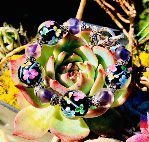 Vintage Sterling Silver Artisan Handmade Floral Glass Art Beads Toggle Bracelet