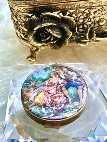 Antique Signed Boucher Porcelain Brass 3 Way Folding Mirror Powder Compact Italy