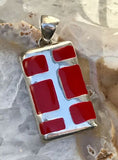 Bold Red Enamel Silver Tone Rectangle Modernist Pendant