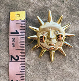 Vintage Gold Tone Happy Sun Spirit Solar Brooch Pin Large