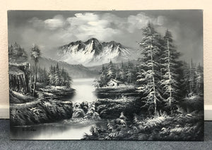 Large Artist Signed R. Boren Original B&W Oil Mountain Forrest Painting Art