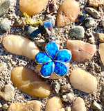 Flower Blue Fire Opal Inlay Signed K 925 Sterling Silver Pendant For Necklace