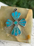 Taxco 925 Sterling Silver Mosaic Turquoise Stone Crucifix Cross Pendant Necklace