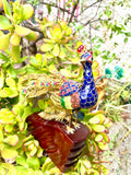 Cloisonne Enamel MultiColor Peacock Bird Gold Brass Figurine Wood Mounted