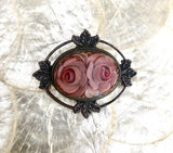 Antique Carved Pink Rose Flower Lucite Resin Silver Tone Brooch Pin