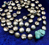 Vintage Artisan Sterling Silver Tribal Beads + Turquoise Necklace 63 Grams