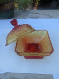 Glass Art Vintage Amberina Orange Red Candy Dish Acorn Pattern With Lid