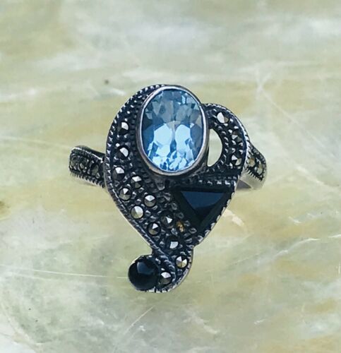 Vintage Sterling Silver 925 Marcasite Onyx Blue Topaz Ring Size 5.5