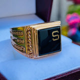 Vintage 14K Gold Plated Multi Gem Stone Black S Custom Mens Ring Size 9.75 w Box