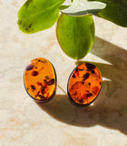 Antique Large Genuine Amber Oval Sterling Silver 925 Post Pierced Earrings