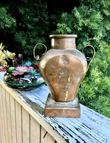 Antique Solid Copper Floral Etched Vase Welded w Handles Signed Iran Persia
