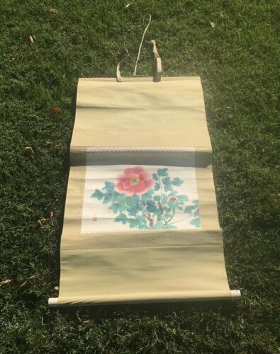 Antique Asian Signed Scroll Original Watercolor Flowers on Silk Artwork