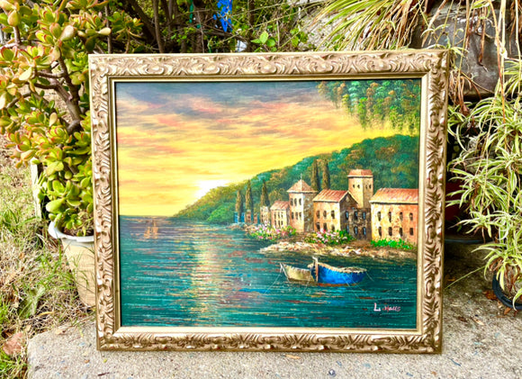 Original Oil Painting Signed By L. Haus Ocean Coastal Town Gold Framed Art