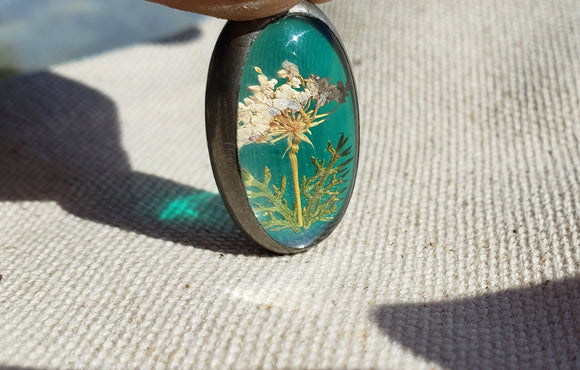 Vintage Handmade Pressed Flower Oval Pendant Turquoise Backing