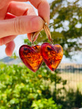 Vintage Amber Gold Tone Large Stone Heart Shape Ornate Dangle Earrings 20.3g